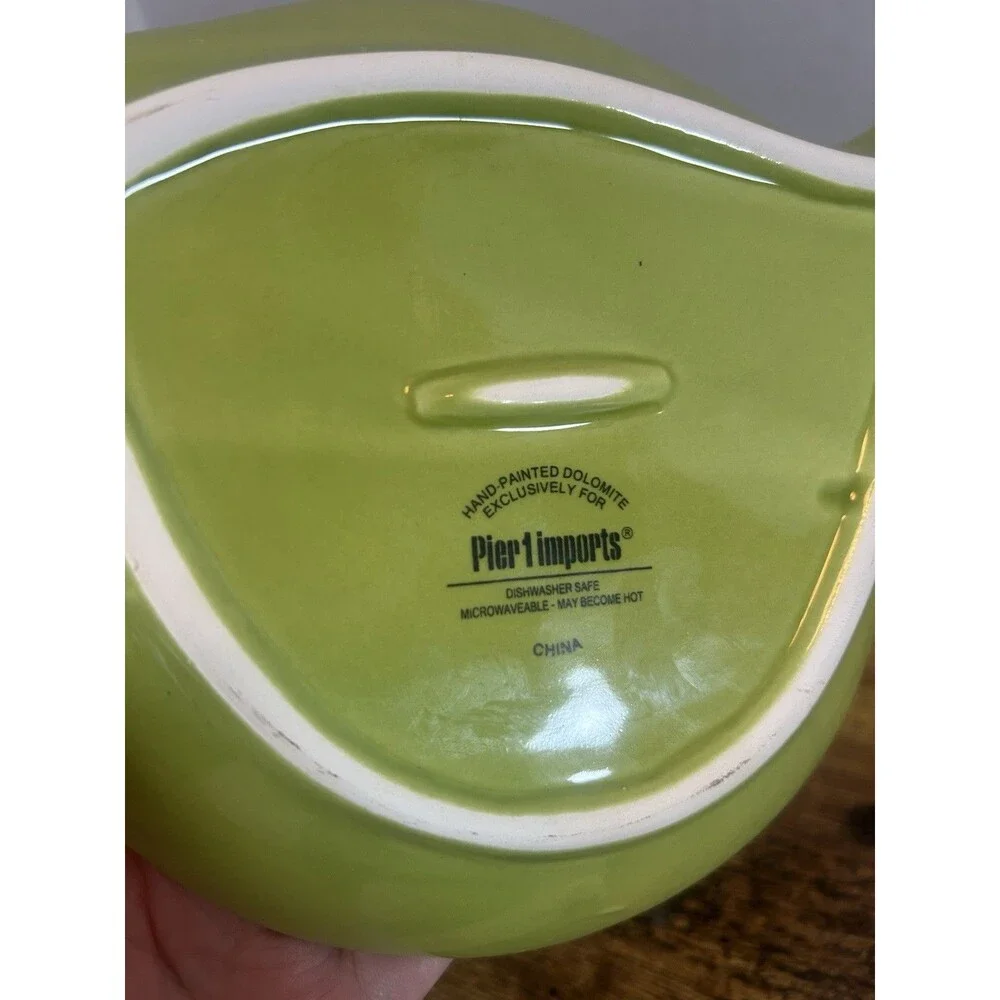 Pier 1 Imports Green Bird Ceramic Colander Trinket Dish Hand Painted Decor VTG